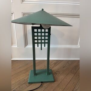 Vintage arts & crafts mission style green metal table lamp pagoda shade UL list
